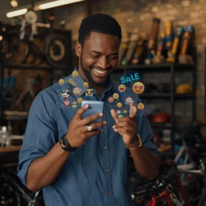 persona mirando el celular, con su tienda de bicicletas profesionales de fondo, muchos emojis e iconos de venta en la pantalla, ella luce feliz
